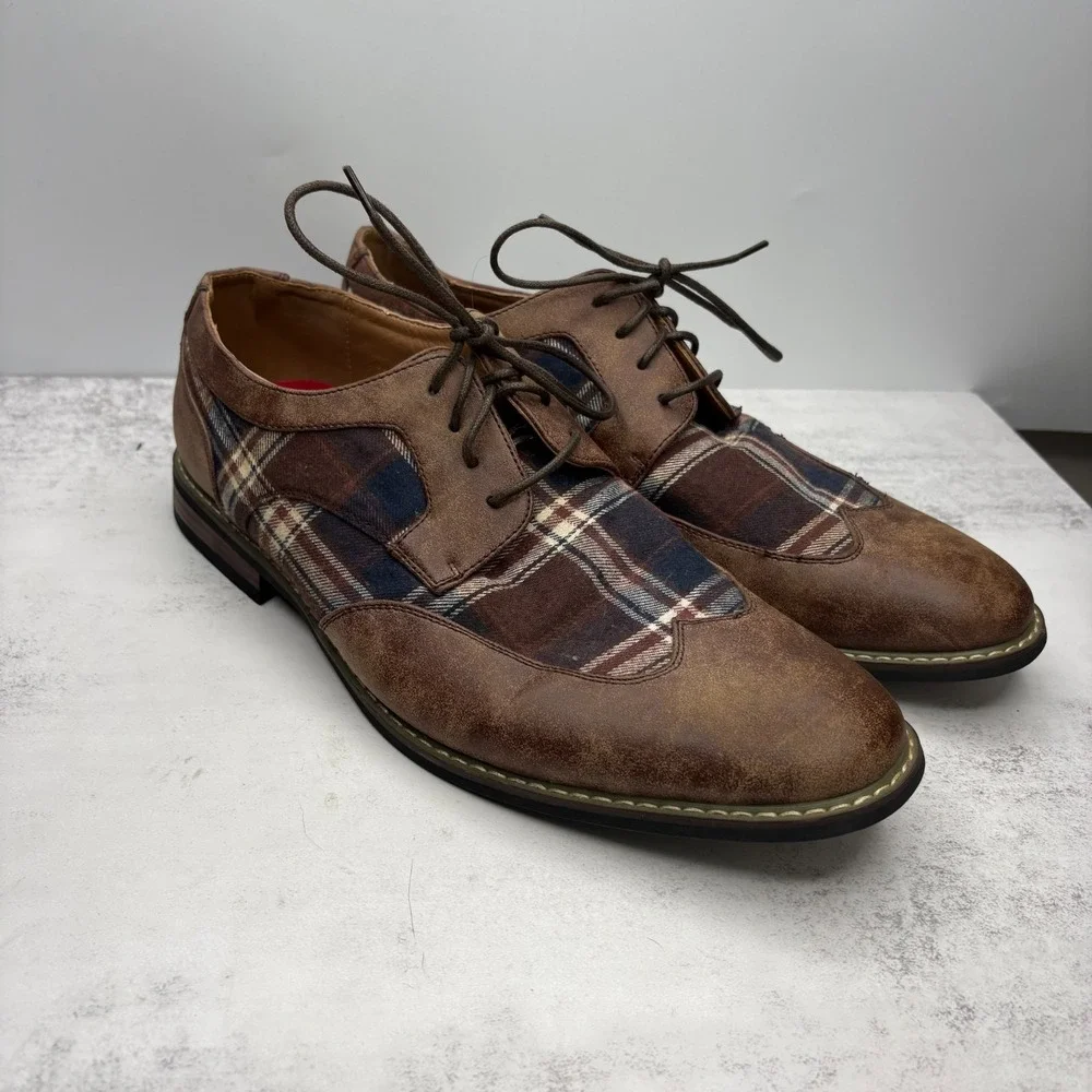 Parrazo Titan 03 Oxfords Dress Shoes 11 Brown Faux Leather Plaid Wingtip Lace Up